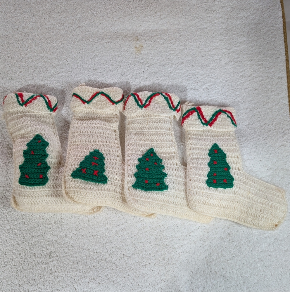 Handmade Festive Cream Knit Christmas Stockings with Green Tree Design